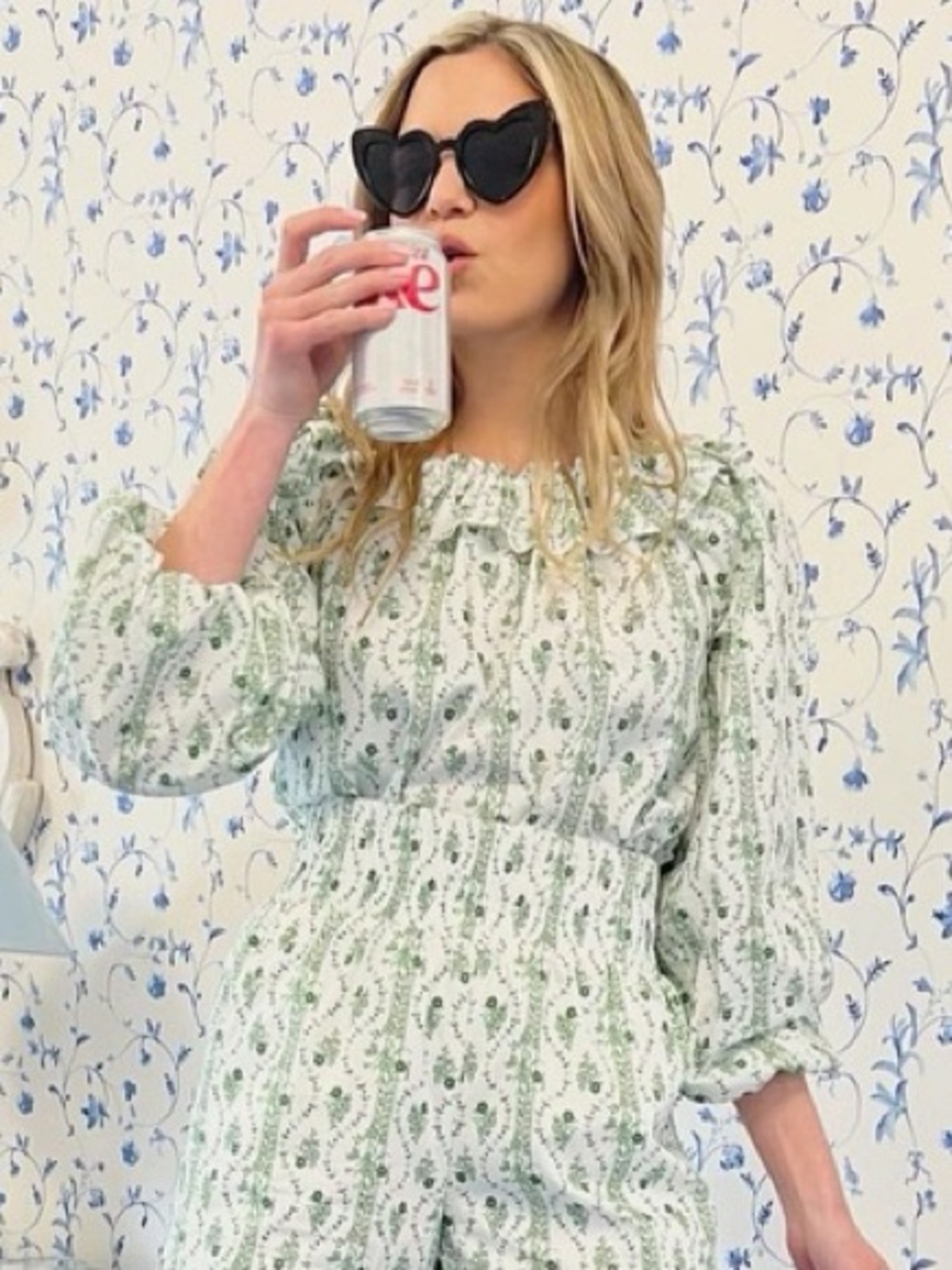 Hill House Floral Smocked Waist Puff Sleeve Blouse in White and Green